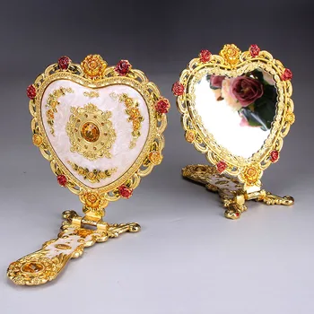 

Authentic Russian peacock retro dressing tin copper mirror 3D mirror desktop folding handle multicolor mirror
