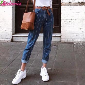 

ESDAMIER Hot Sale Blue Striped Women Jeans 2018 Zipper Pocket Skinny Denim Jeans Women Autumn Vintage Mid Waist Pencil Pants