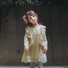 Платье для девочек; шелковое платье высокого качества; осеннее платье принцессы с длинными рукавами и золотыми оборками для маленьких девочек