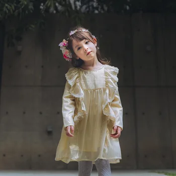 

Girls dress high quality silk dress long sleeve autumn spun gold ruffles toddler baby girls princess dress