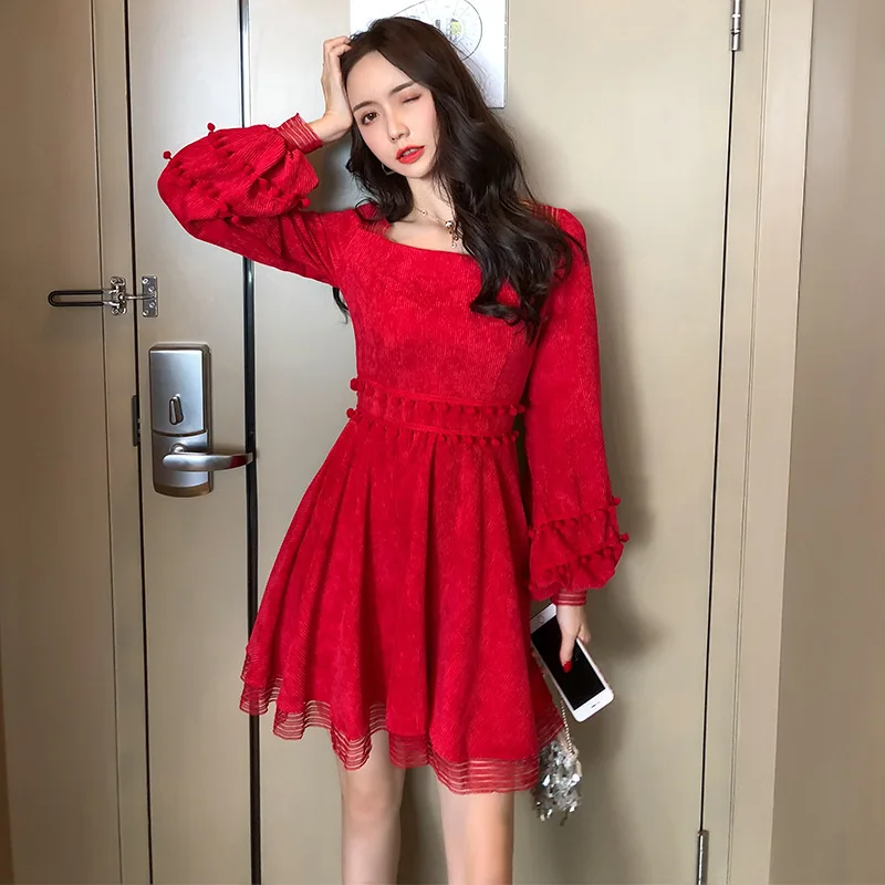 

2019 New Sweet Corduroy Square Collar Slim Tunic Draped Mini Dress Women Elegant Korean Sexy Office Party Beach Dress Lady Dress