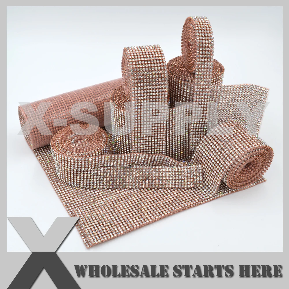 

Rose Gold Iron on Rhinestone Mesh Trim Banding,Clear Crystal Rhinestones,Used for Bridal Dress,Cake,Wine Standings and Wedding