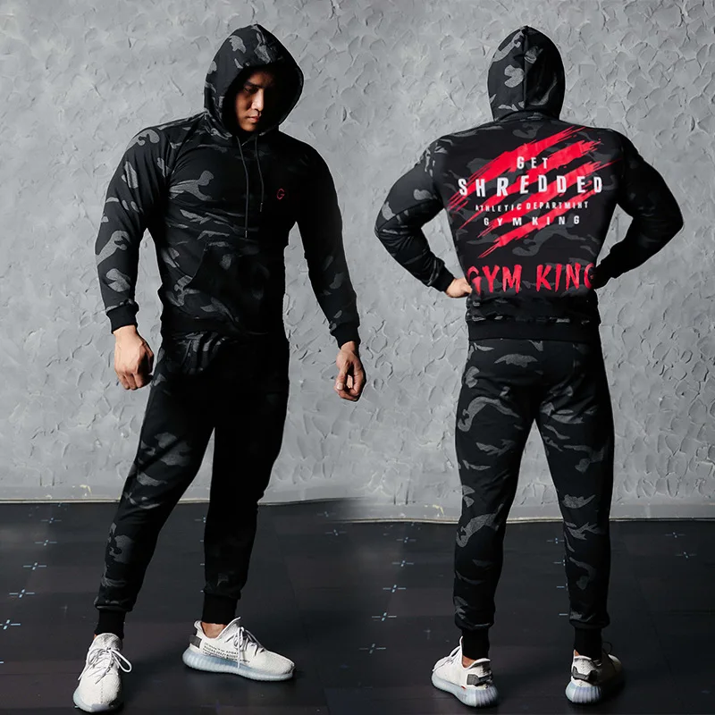 

2019 Men Sports Set Running Gym Tracksuits Fitness Bodybuilding Sportswear Men Hoodies+Jogger Pants Male camouflage suit