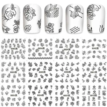 12pcs/Sheet Black Lace/Beard/Cat/Blooming Flower Nail Art Water Tattoo Design Manicure Flowers Water Transfer Decals