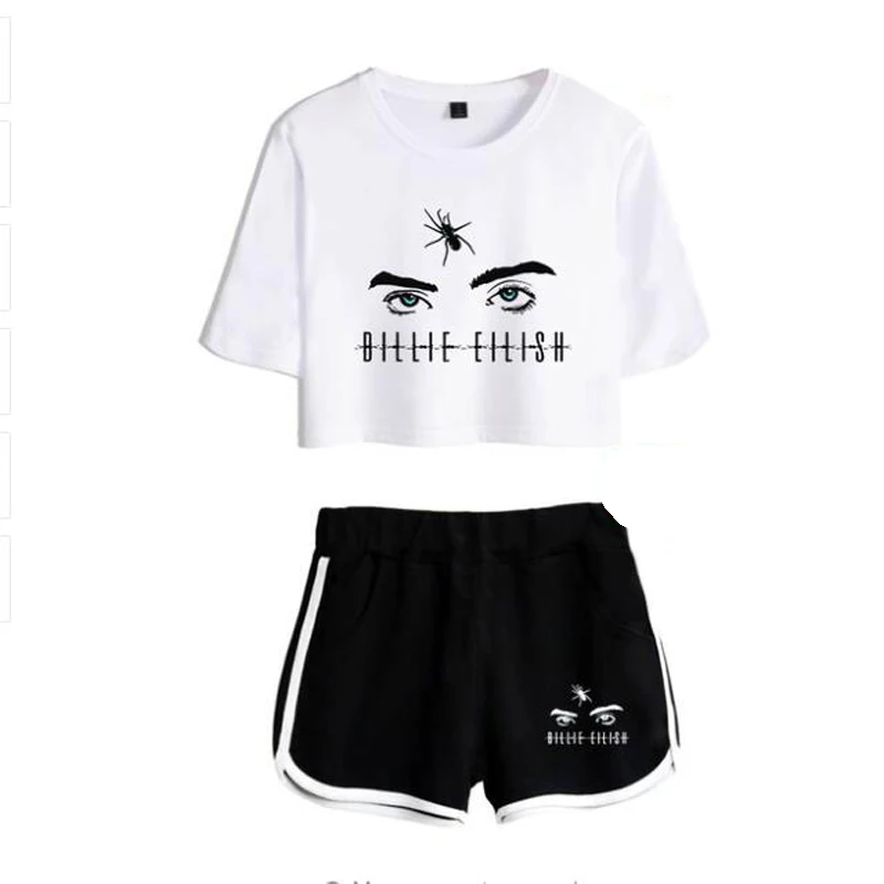 Billie Eilish 2 Stuck Outfits Fur Frauen Crop Top Track Anzug Zwei Stuck Set Top Und Shorts Set Damen Trainingsanzuge Hip Hop Kleidung In Damen Sets Aus Damenbekleidung Bei Aliexpress