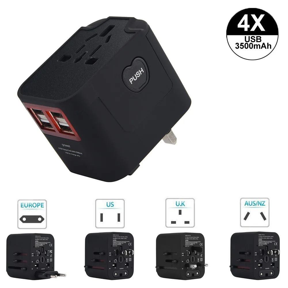 Travel Adapter With 4 USB Ports Charging Plug Power AU/EU/US/UK USB Charger Plug for iPhone for huawei for xiaomi for samsung