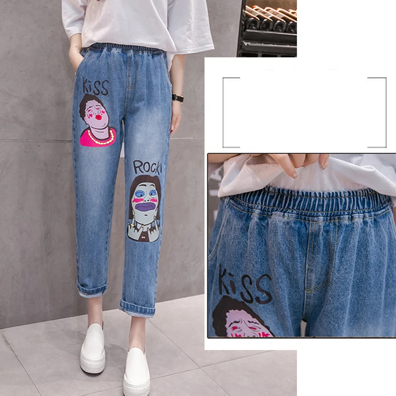 100Kg 5Xl Plus Size Women Jeans Elastic Waist Character Cartoon Print Jeans Casual Baggy High Waisted Mom Jeans Cintura Alta