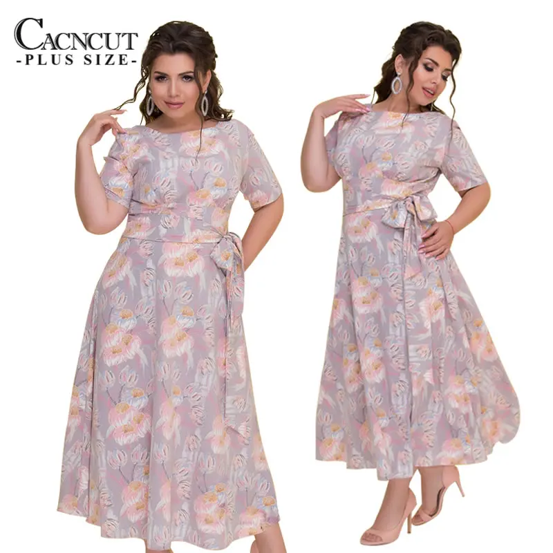 CACNCUT модное женское платье размера плюс 6XL летнее винтажное платье с цветочным принтом с поясом и открытой спиной элегантное женское платье большого размера Vestido