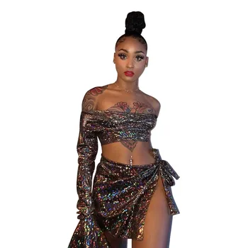 

Women Autumn Sexy Two Piece Sets Slash Neck Flare Sleeve Crop Top High Waist Bow Split Mini Skirts Party Women Sets