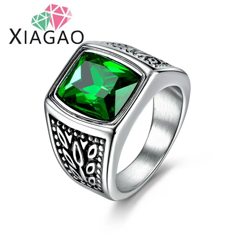 XIAGAO Gift 2 Color Red Green Square Stone Titanium Ring for Man 316L Stainless Steel Unique Fashion Male's Cross Ring for Boy