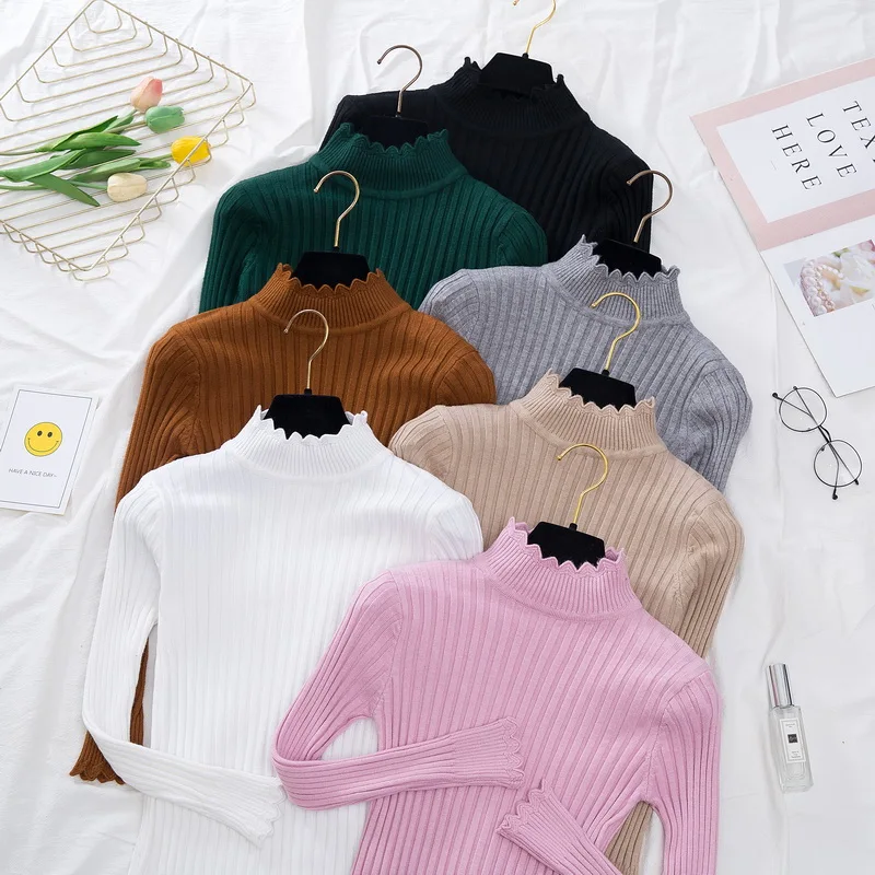 New 2016 Knitted Turtleneck Sweater Fashion Women Autumn High Stretch Striped Pullover Long Sleeve Sweater Women Pull Femme W865
