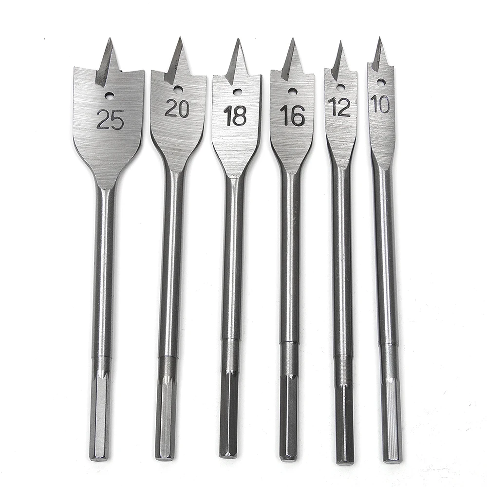 

6pcs Hex Shank Wood Flat Drill Bits Sets Woodworking Spade Drilling Power Tools Hole Saw 10mm 12mm   16mm 18mm 20mm 25mm