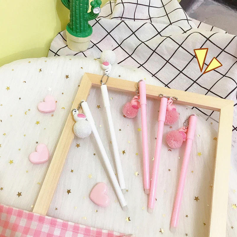 

JUKUAI 1 Pcs/Lot Cartoon Pink Pompon Bird Pendant Gel Pen Writting Pens Canetas Material Escolar Kawaii Staitonery Supplies 8150