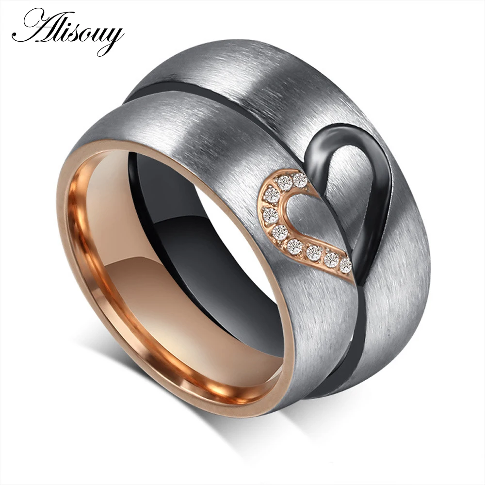 Alisouy CZ Gold Plated Couple Rings Men/Women's Titanium Steel Wedding Band Ring 