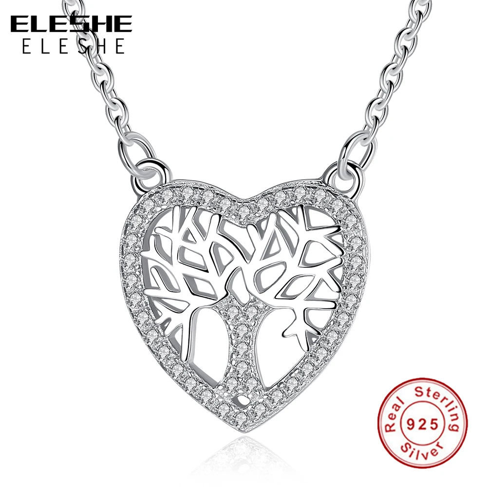 ELESHE Romantic Real 925 Sterling Silver Crystal Heart Shape Tree of Life Pendant Necklaces for Women Fashion Jewelry Collares