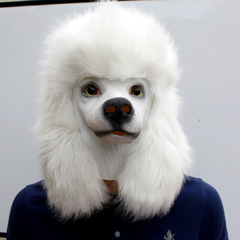 

Christmas White Poodle Dog head Party Mask Latex With Further Animal Cosplay Fancy Dress Masks Adult Funny Costume Props