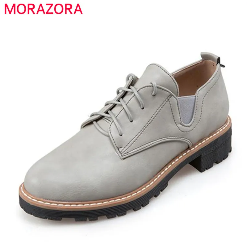 

MORAZORA PU soft leather shoes lace-up women med heel platform shoes big size 34-43 fashion contracted oxford shoes round toe