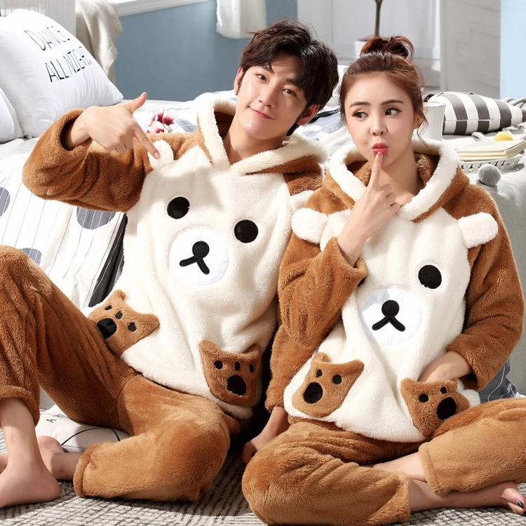 

sleep wear pyjama femme feminino night wear grey white sets warm lover hooded sleepwear women cartoon coral fleece lounge set