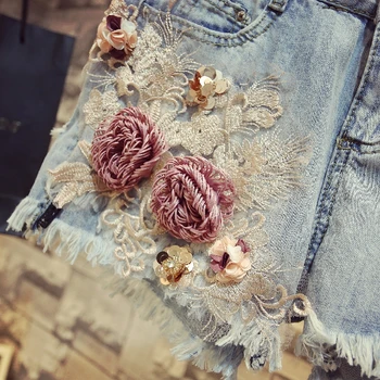 Summer 2019 New Women Flower Diamond Cotton Shirt T-shirt + Wide-legged Jeans Girl Student High Waist Hole Denim Shorts Set 4