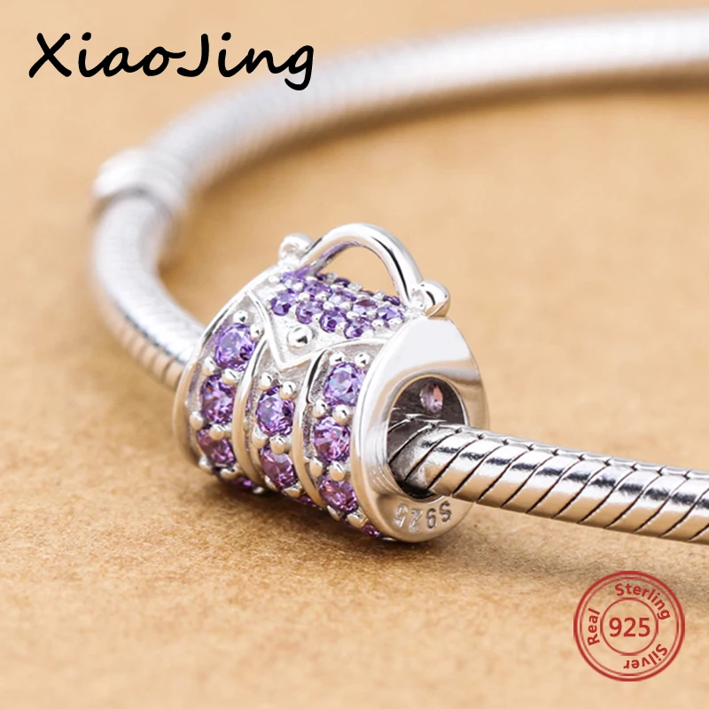 

Aliexpress fashion luxury handbag charms with purple CZ stone 925 silver beads fit original European bracelets diy Jewelry Gifts