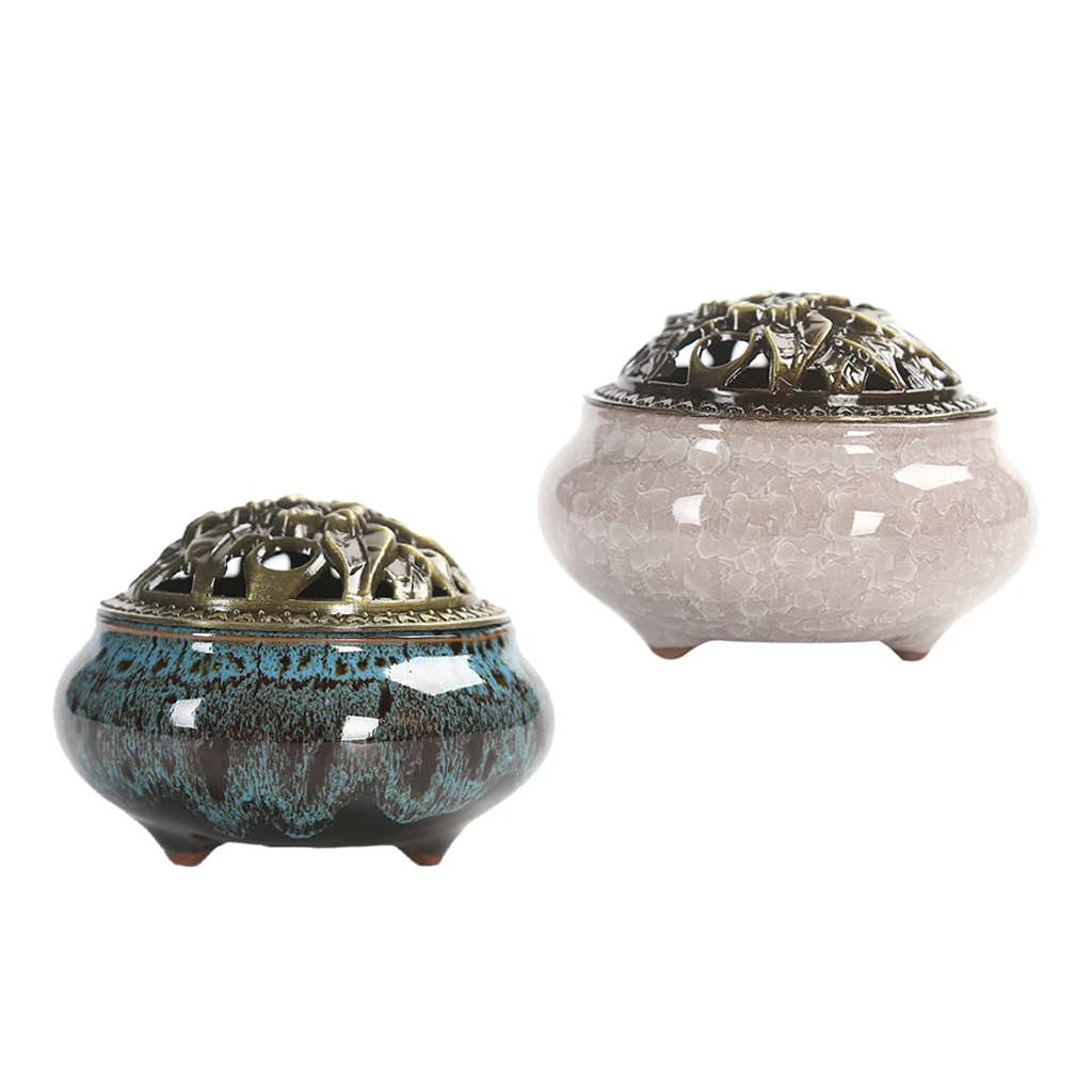 2x Vintage Chinese Ceramic Incense Burner Holder Buddhist Cones Coil Spiral Censer Ash Catcher Bowl with Alloy Cover