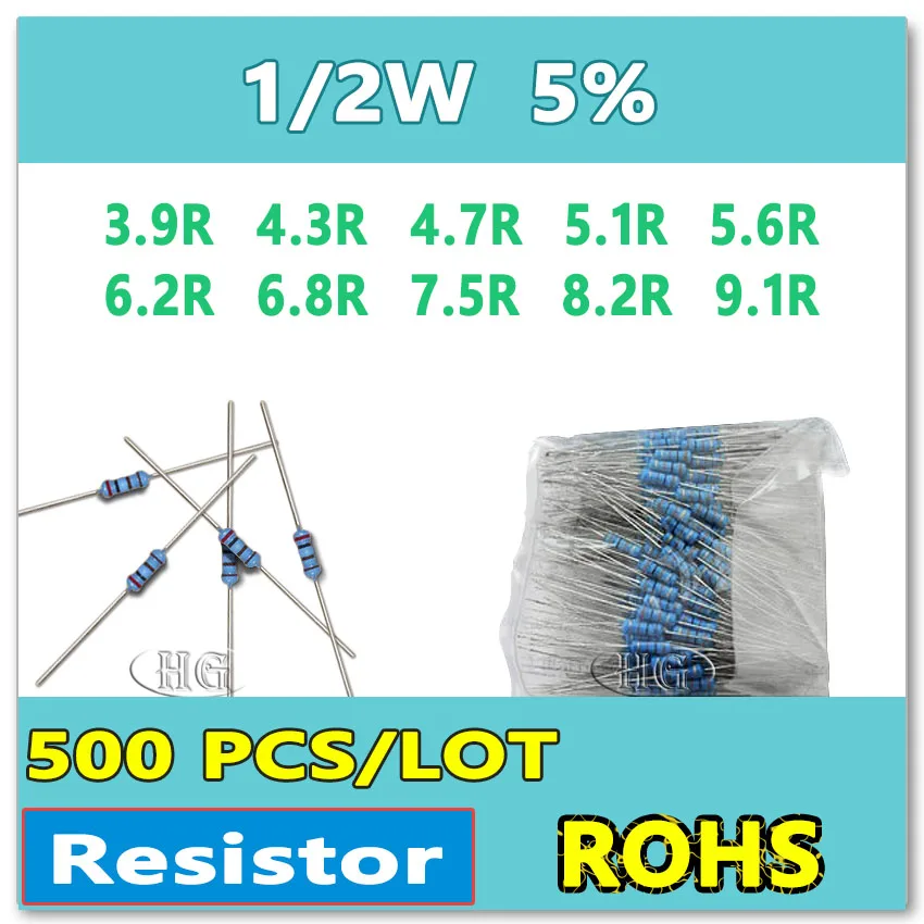 JASNPROSMA 500 шт./лот 5% 1/2 Вт 3.9R 4.3R 4.7R 5.1R 5.6R 6.2R 6.8R 7.5R 8.2R 9.1R углеродная пленка DIP OHM Резистор
