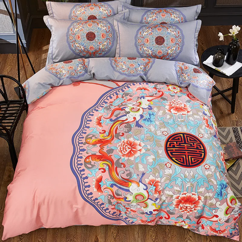 Good quality Chinese style cotton Bedding sets quilt cover comfortable duvet cover pink pillowcase gray sheet wedding bedclothes