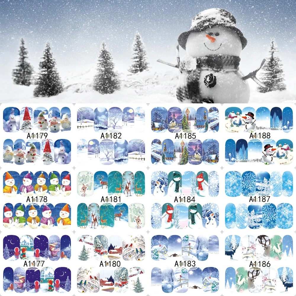 

New 12 Sheets XMAS Nail Art Water Transfer Sticker Full Cover Decals Winter Merry Christmas Design Stickers Wrap Tips Decoration