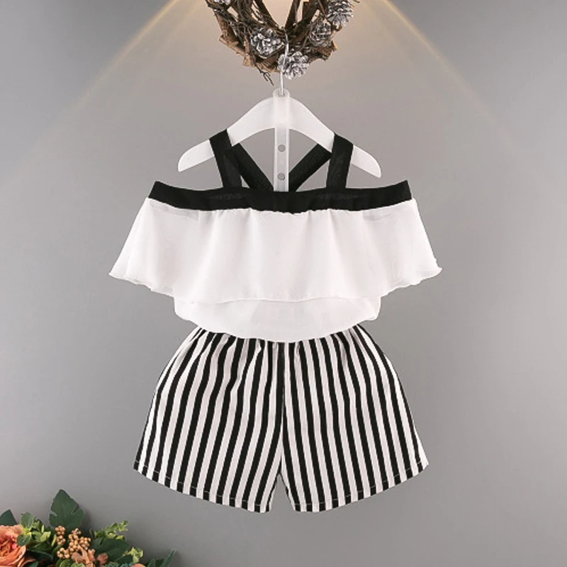 Melario الأطفال الملابس 2019 تكدرت طوق الرقبة شنقا الشيفون قميص + سروال مخطط الصيف الفتيات الأطفال مجموعة ملابس