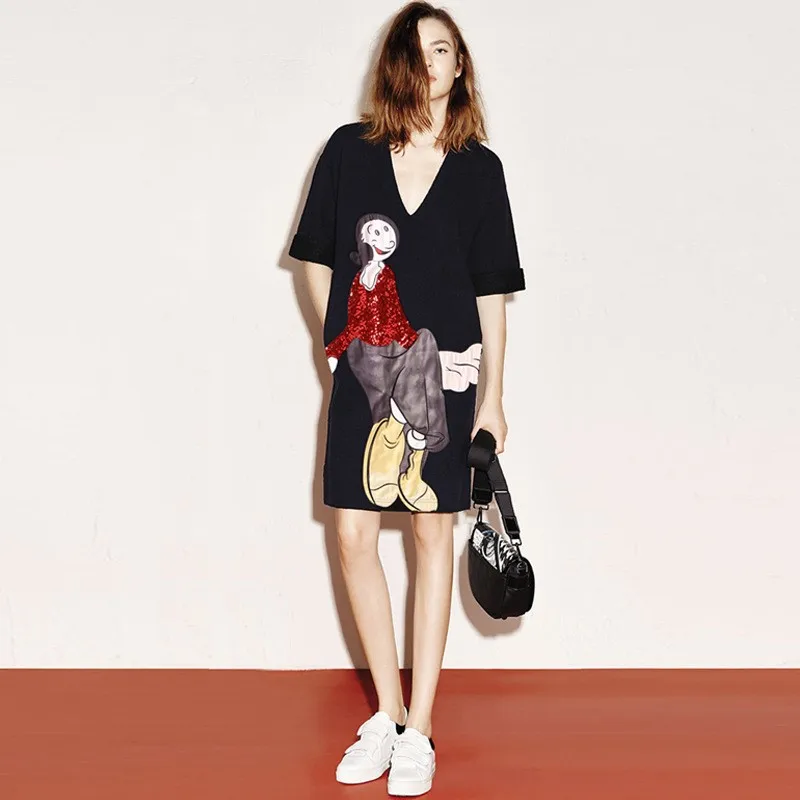 

2018 Euramerican Spring Summer New Fashion Polyester Embroidery Sequined Casual Half Sleeve V-Neck Collar High Quality Dress