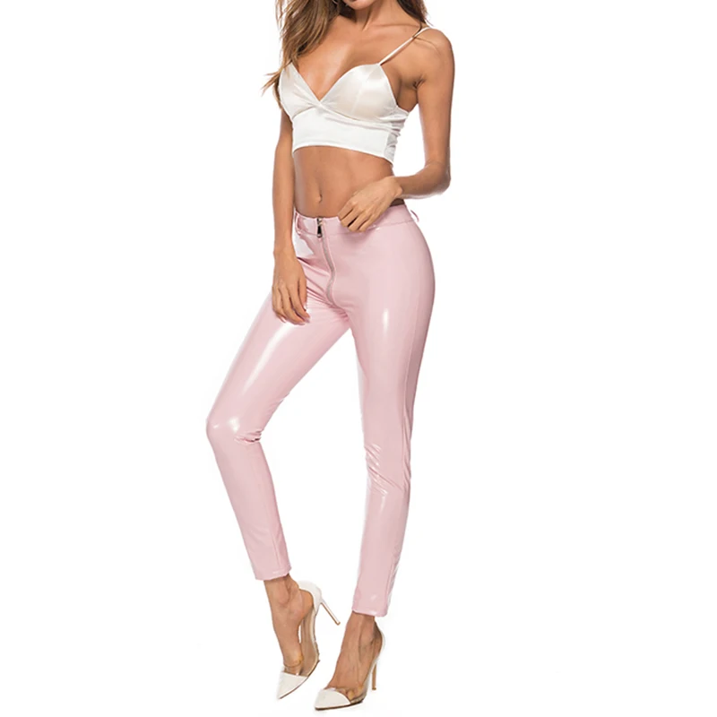 2019 Wetlook Women Sexy Shiny PU leather Leggings with Back Zipper Push Up Hot  Faux Leather Pants Latex Rubber Pants Pink White (4)