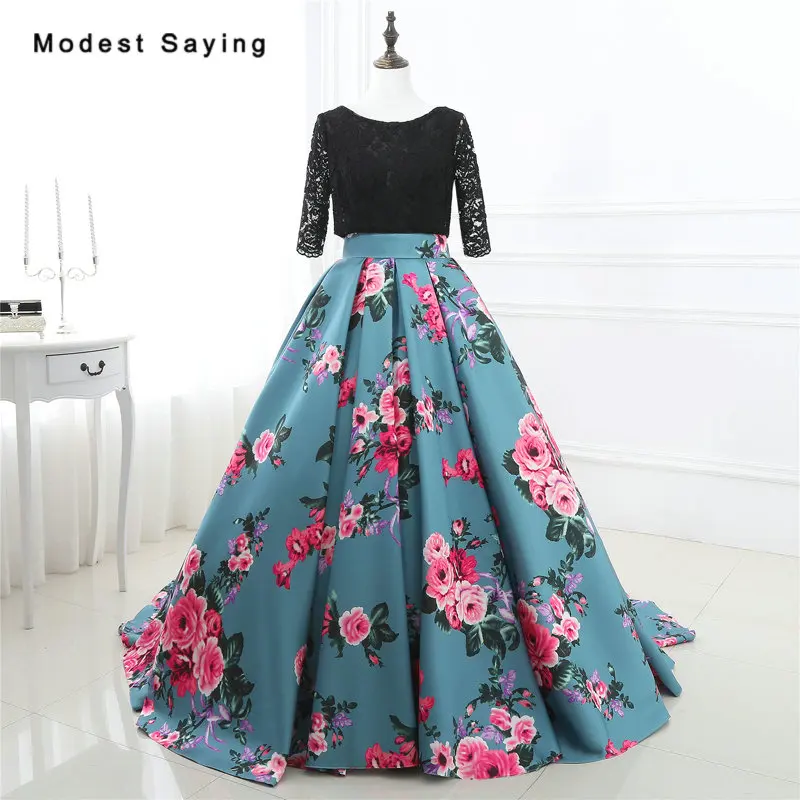 Elegant Ball Gown Floral Print Lace Bodice Evening Dresses 2017 with  Sleeves Formal Women Long Party Prom Gowns vestido de festa|evening dress| prom gownelegant ball gowns - AliExpress
