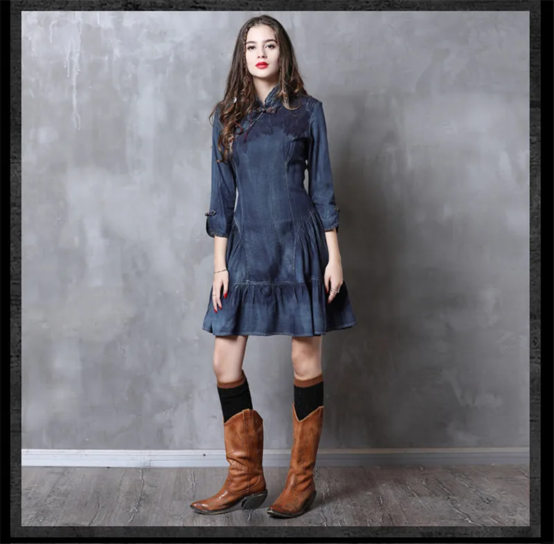 Women Denim Dress 2019 Vintage 100% Cotton Dress 34Sleeve Brand New A-line Elegant Mandarin Collar Vestidos Woman Dresses (14)