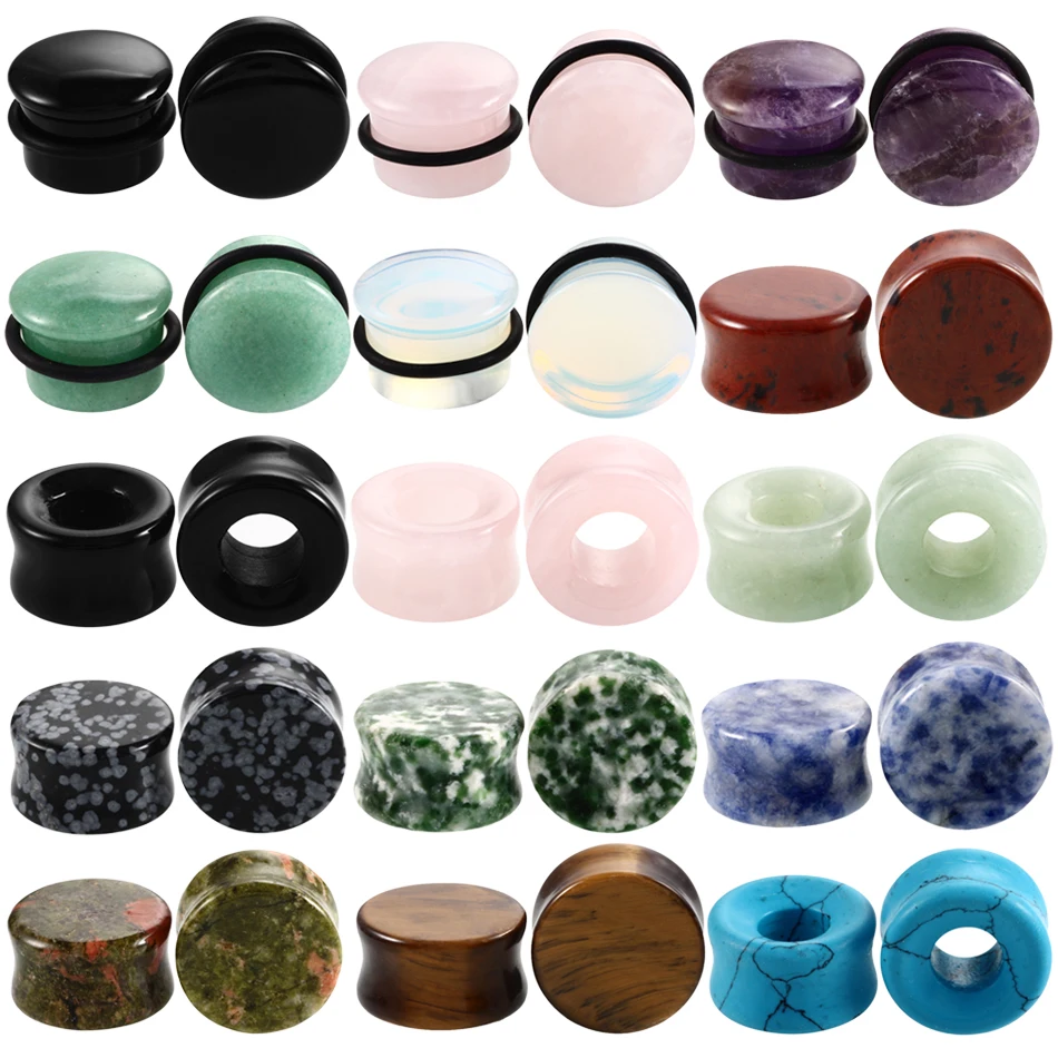 

2Pcs Stone Ear Tunnel Plugs Mixed Styles Hollow Single Flared Ear Flesh Gauges Piercing Ear Expander Stretcher Unisex Jewelry