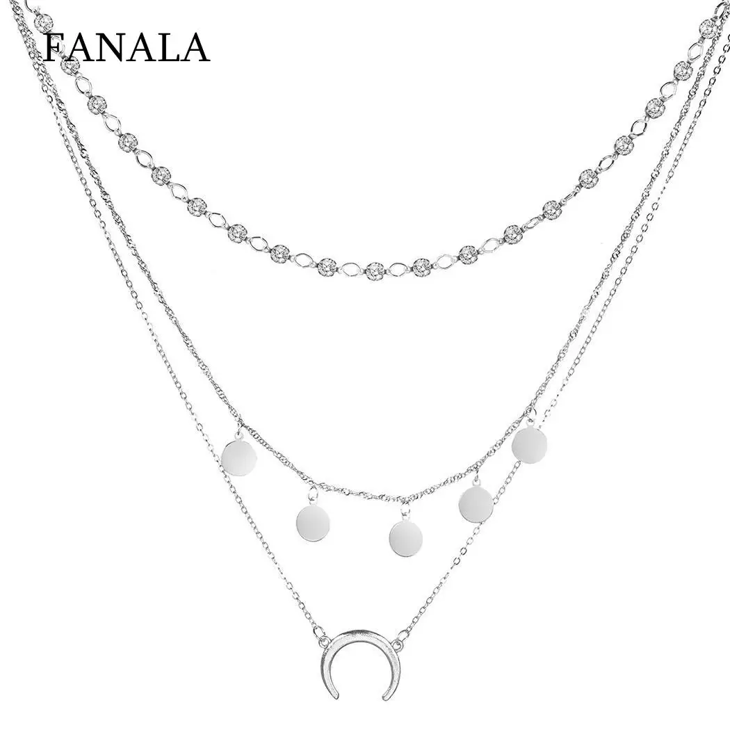 

Moon Pendant Sequin Necklace Jewelry Choker Rhinestone Chain Layered Women
