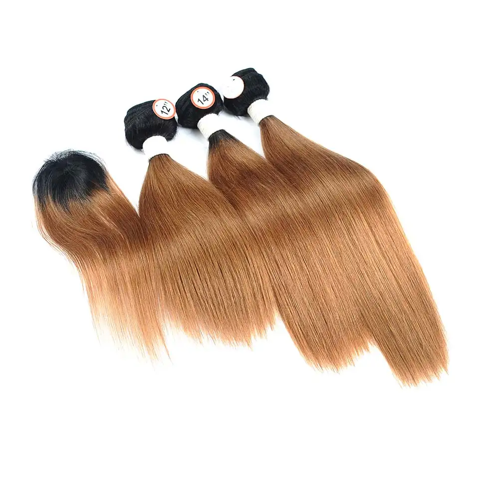 Pinshair T1B30 Ombre Bundles With Closure Brazilian Straight Human Hair Weave 3 Bundles With Lace Closure Non Remy No Shedding (6)