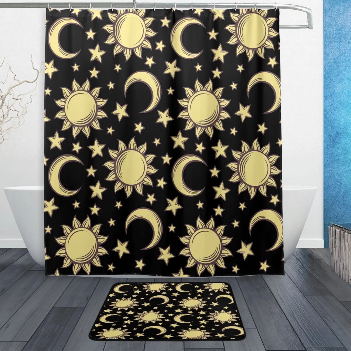 Sun Moon Star Waterproof Polyester Fabric Shower Curtain with Hooks