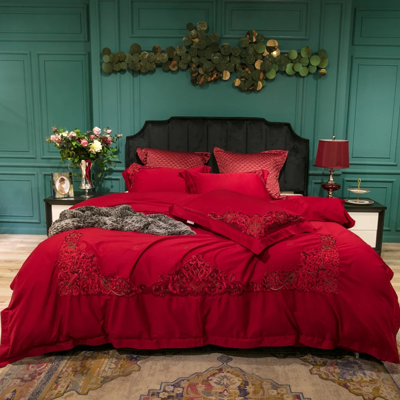 Egyptian Cotton Luxury Chinese Red Wedding Bedding Set Queen King