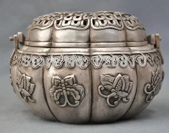 

7'' China Silver Bronze Censer Carve detailed butterfly Bronze Statue Bronze Gilt Do old retro antique exquisite