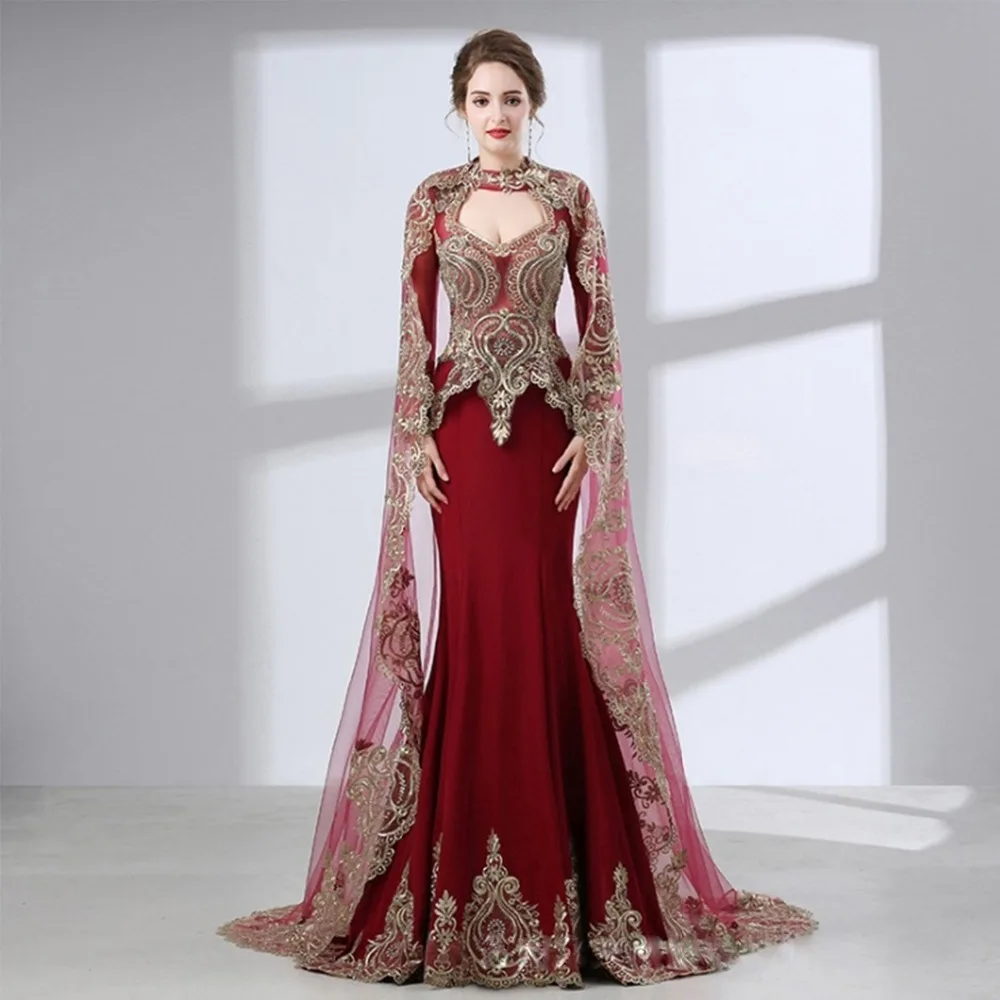 ANTI Saudi Arabic Burgundy Mermaid Evening Dress Long Detachable shawl Robe De Soiree 2019 Dubai Turkish Long Sleeve For Woman ANTI Saudi Arabic Burgundy Mermaid Evening Dress Long Detachable shawl Robe De Soiree 2019 Dubai Turkish Long Sleeve For Woman