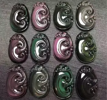 

Natural Rainbow Eye Obsidian Ruyi Pendant Carved Men and Women Black Obsidian Pendant o10#