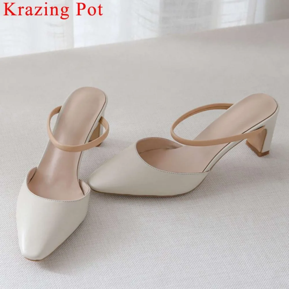 

Krazing Pot full grain leather slip on mules strange high heels slip on classic square toe fashion runway superstars pumps L41