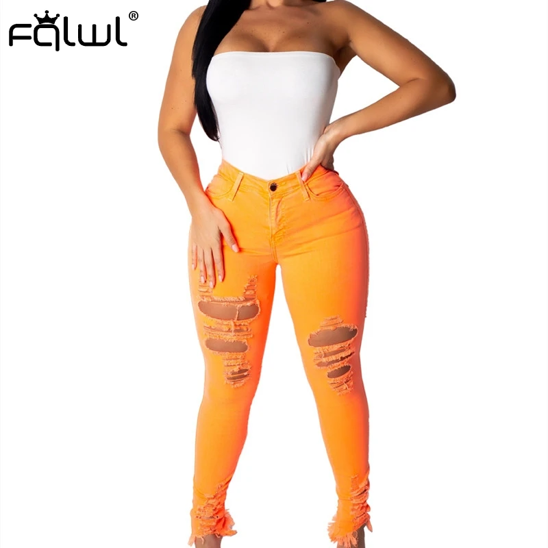 FQLWL уличная отверстие Bodycon джинсы для женщин летние брюки девочек для выдалбливают Высокая талия облегающие Женские брюки повседневное