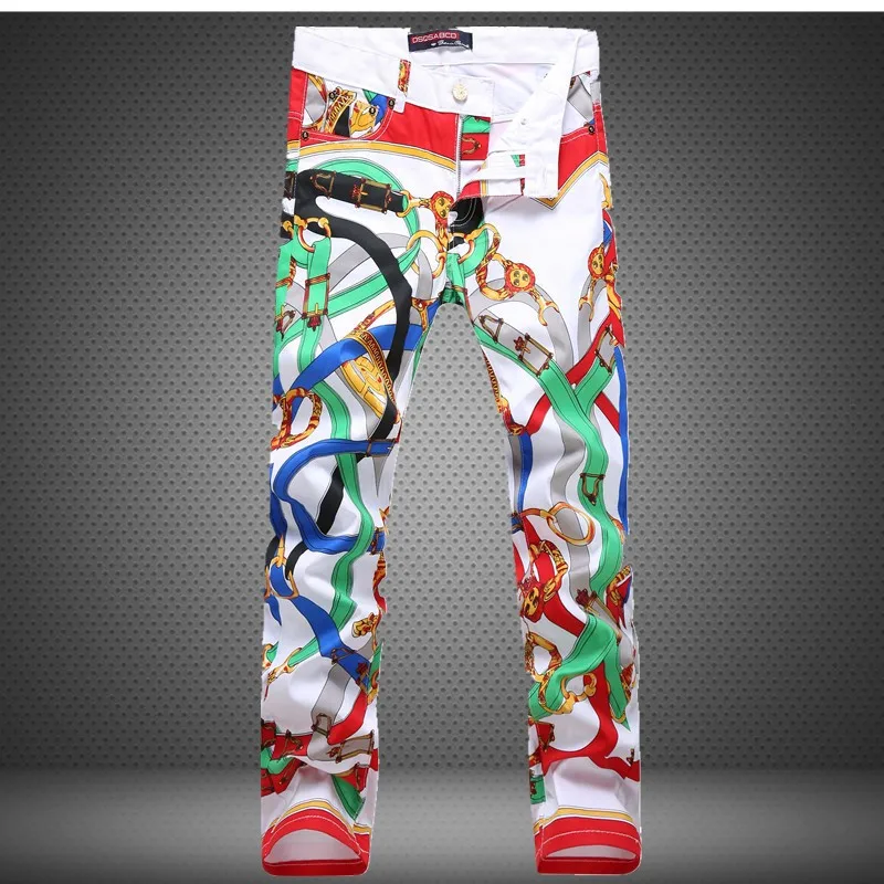 Jeans For Men 3D Print Denim Pencil Elasticity New Men's Pants White Skinny Fit Casual Trousers Homme Pant Plus Size Streetwear | Мужская