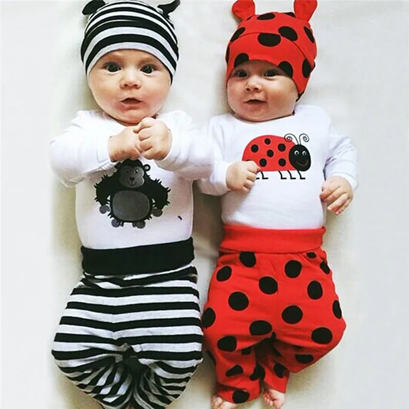 

Newborn Baby Girls Long Sleeve Cartoon Rompers+Dots Pants+Ladybird Caps 3pcs Clothing Set  Infant Clothes 6-24M Drop Shippin