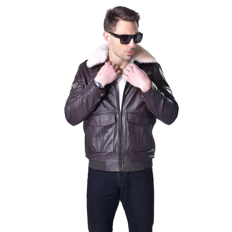 Модная мужская куртка из натуральной кожи, куртка пилота, пальто авиатора из воловьей кожи с меховым воротником, мужская кожаная куртка, зимняя 177