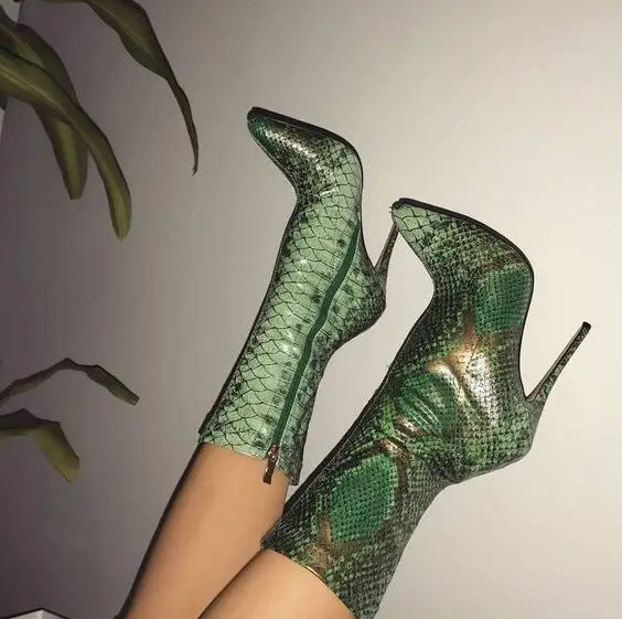 

Spring New Women Green White Khaki Python Snake Skin Pointed Toe Mid-calf Zipper Side Stiletto Heel Sexy Short Boots Lady Bootie