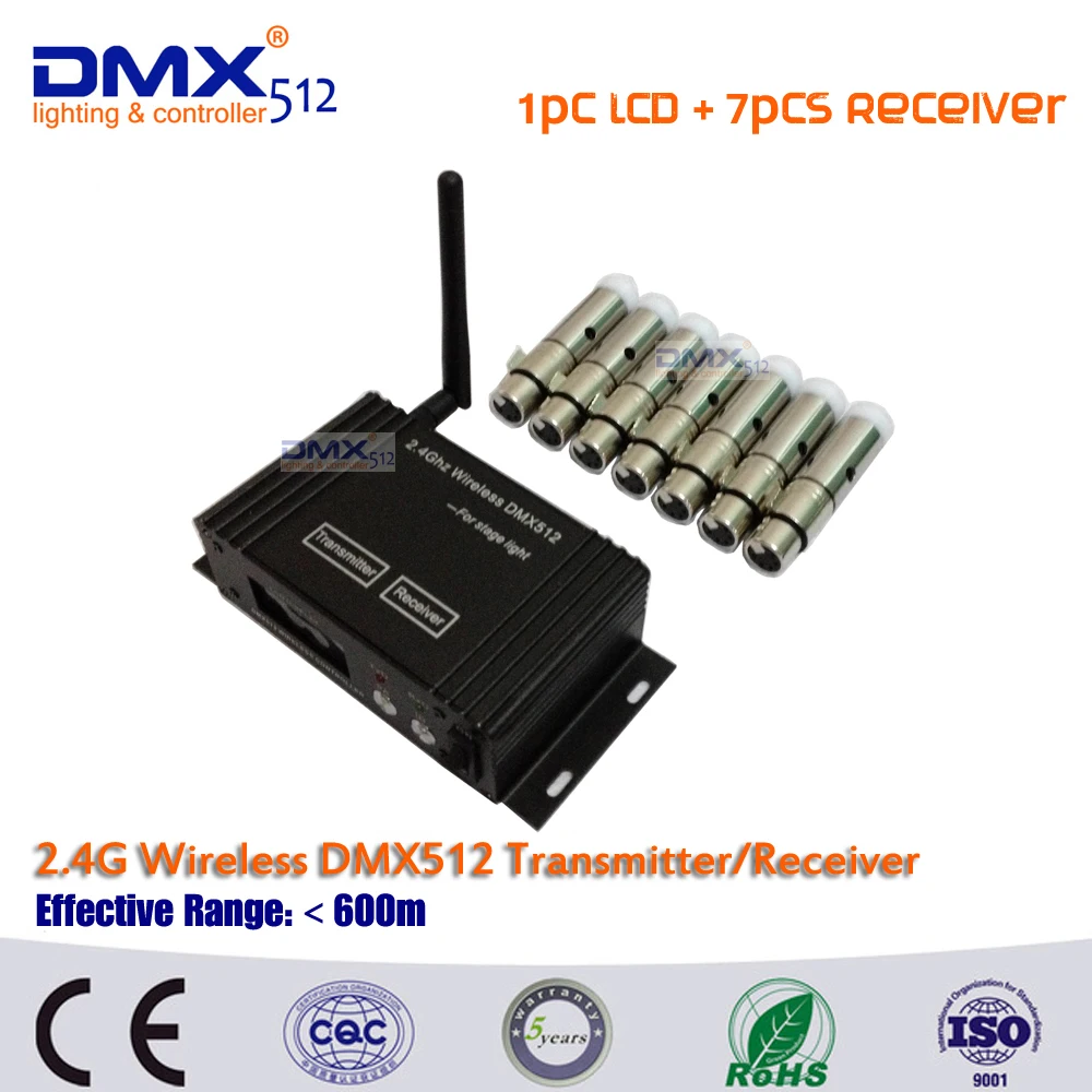 

DHL Free Shipping DMX512 wireless 1pcs LCD Display cable transceiver+7pcs mini receiver 2.4GHz XLR in stage Lightning effect