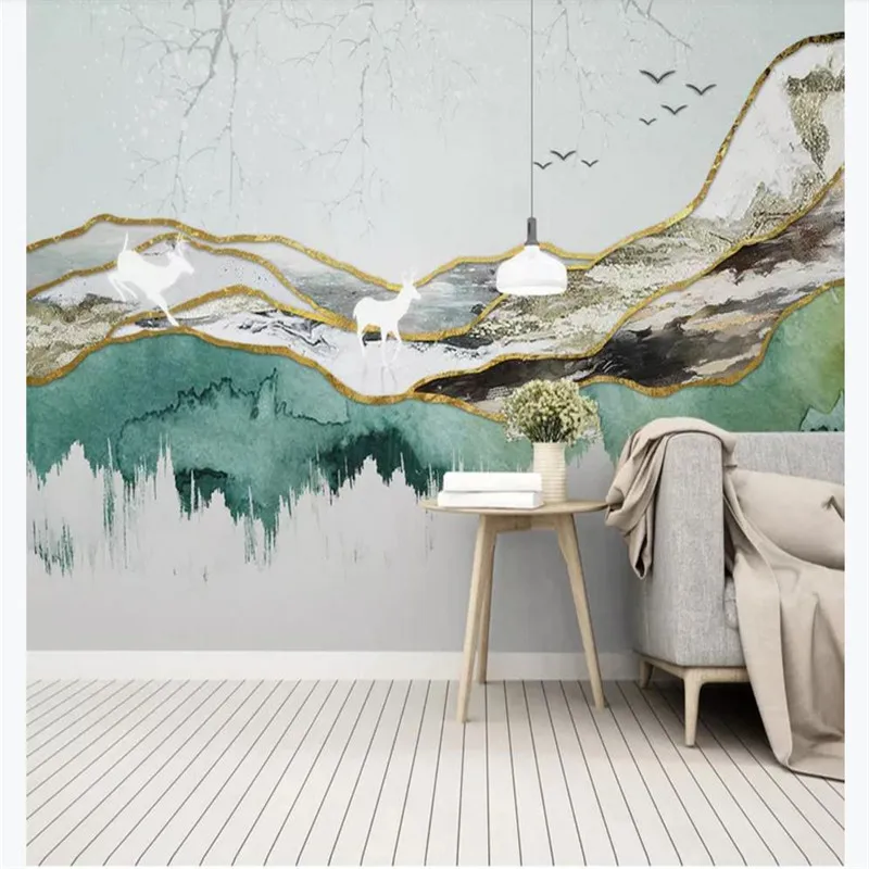 

Custom wallpaper new China abstract ink landscape elk background wall bedroom decoration mural waterproof material