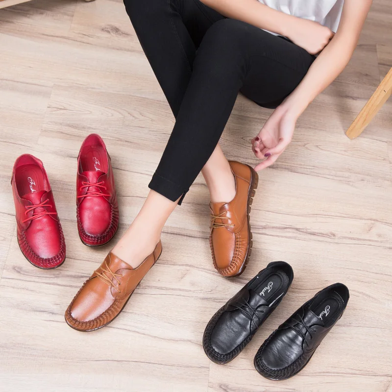 PEIPAH New Spring Oxfords Shoes For Women Genuine Leather Female Flats Shoes Solid Lace Up Casual